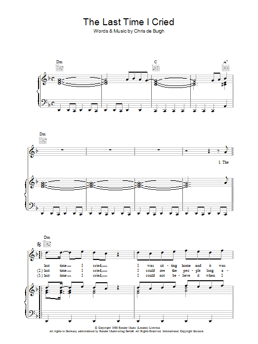 Chris de Burgh The Last Time I Cried Sheet Music Notes & Chords for Piano, Vocal & Guitar (Right-Hand Melody) - Download or Print PDF