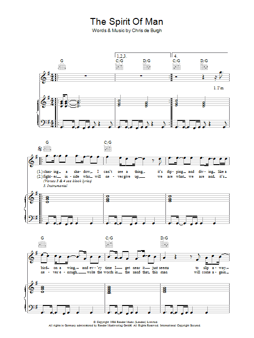 Chris de Burgh The Spirit Of Man Sheet Music Notes & Chords for Piano, Vocal & Guitar - Download or Print PDF