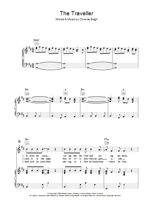 Chris de Burgh The Traveller Sheet Music Notes & Chords for Piano, Vocal & Guitar (Right-Hand Melody) - Download or Print PDF
