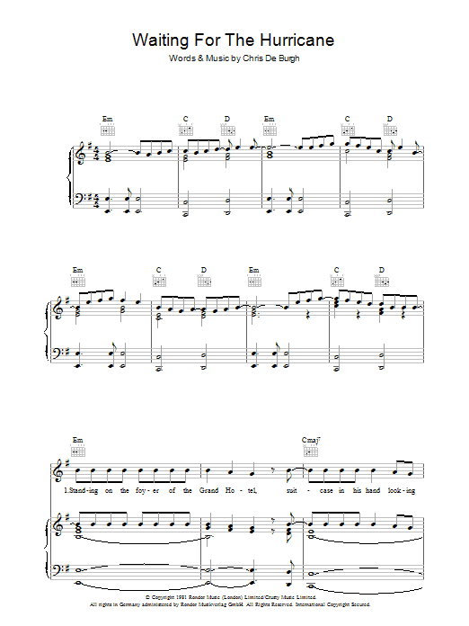 Chris De Burgh Waiting For The Hurricane Sheet Music Notes & Chords for Piano, Vocal & Guitar (Right-Hand Melody) - Download or Print PDF