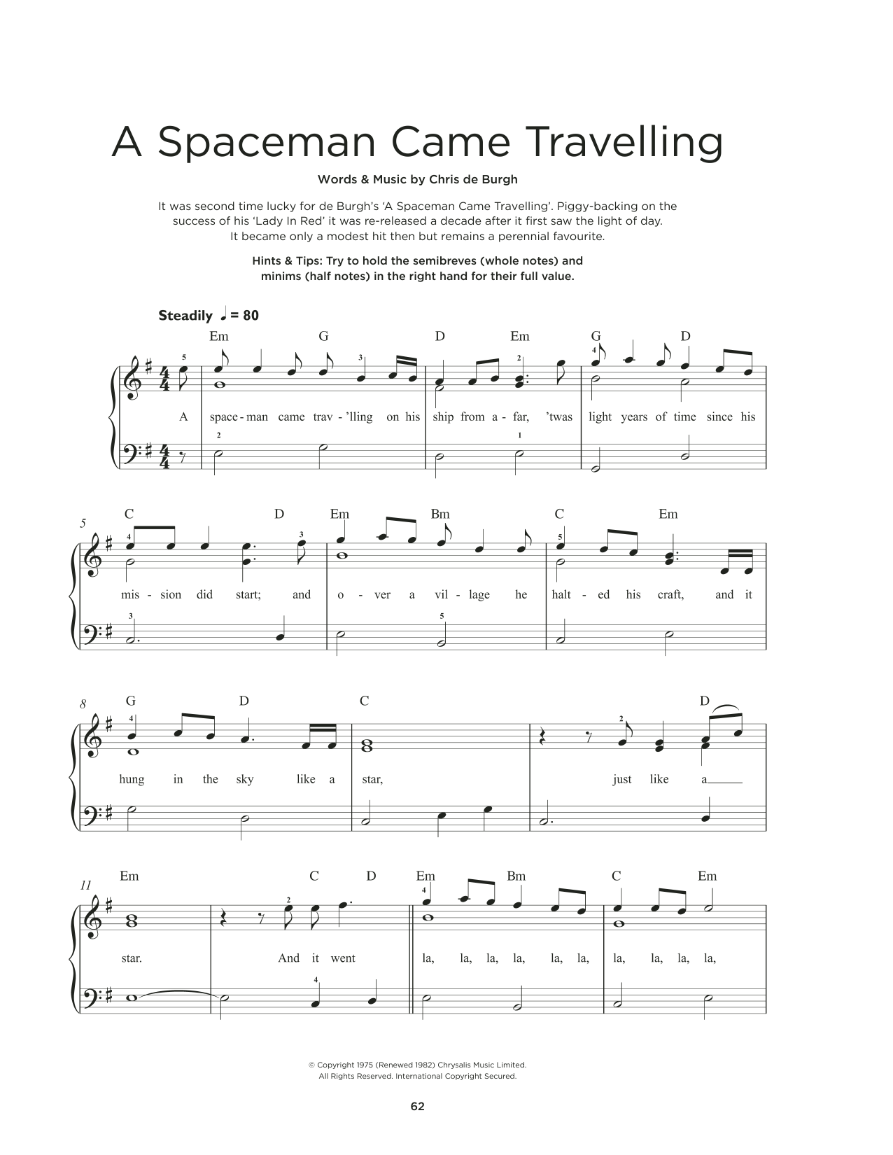 Chris DeBurgh A Spaceman Came Travelling Sheet Music Notes & Chords for Really Easy Piano - Download or Print PDF