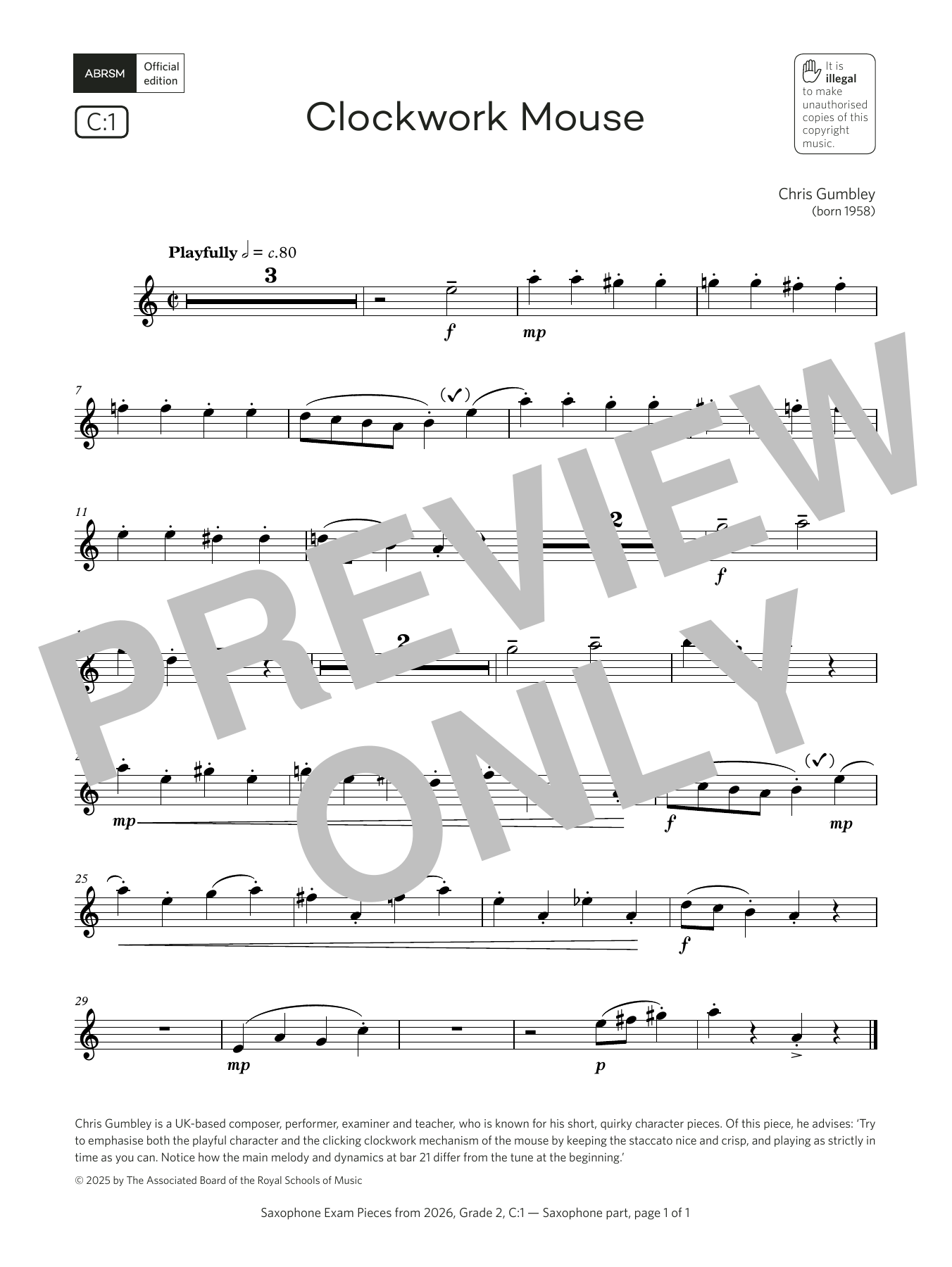 Chris Gumbley Clockwork Mouse (Grade 2, list C1, from the ABRSM Saxophone Syllabus from 2026) Sheet Music Notes & Chords for Alto Sax Solo - Download or Print PDF Chris Gumbley Clockwork Mouse (Grade 2, list C1, from the ABRSM Saxophone Syllabus from 2026) Sheet Music Notes & Chords for Alto Sax Solo - Download or Print PDF