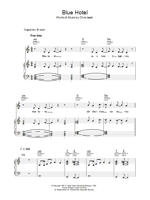 Chris Isaak Blue Hotel Sheet Music Notes & Chords for Piano, Vocal & Guitar (Right-Hand Melody) - Download or Print PDF