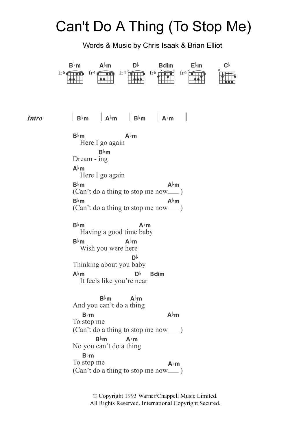 Chris Isaak Can't Do A Thing (To Stop Me) Sheet Music Notes & Chords for Lyrics & Chords - Download or Print PDF