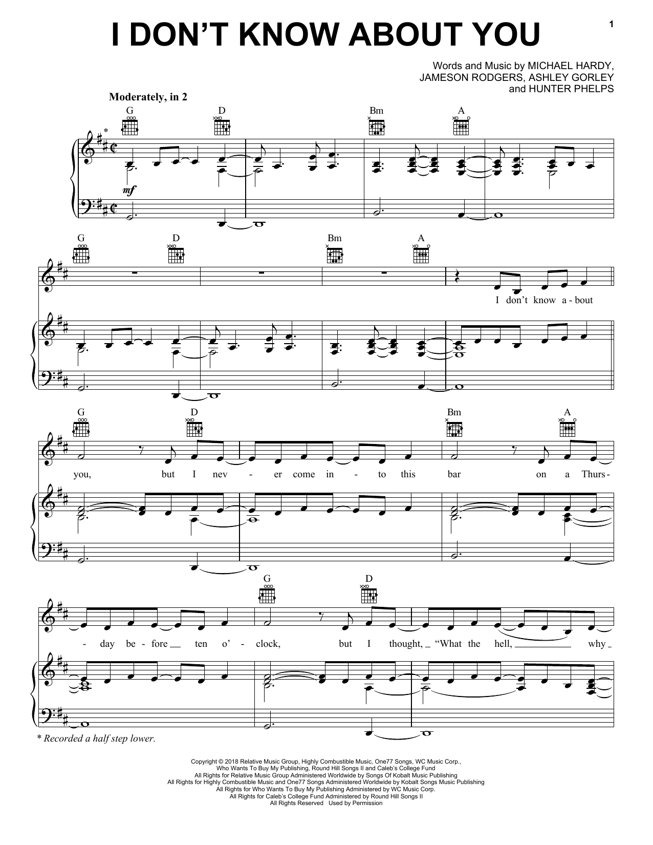 Chris Lane I Don't Know About You Sheet Music Notes & Chords for Piano, Vocal & Guitar (Right-Hand Melody) - Download or Print PDF