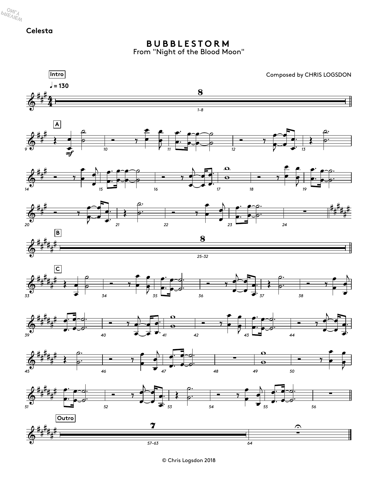Chris Logsdon Bubblestorm (from Night of the Blood Moon) - Celesta Sheet Music Notes & Chords for Performance Ensemble - Download or Print PDF