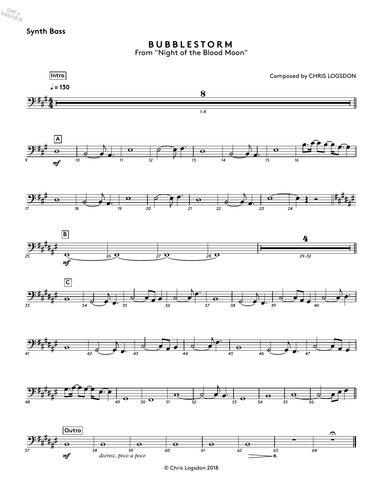 Chris Logsdon Bubblestorm (from Night of the Blood Moon) - Synth. Bass Sheet Music Notes & Chords for Performance Ensemble - Download or Print PDF