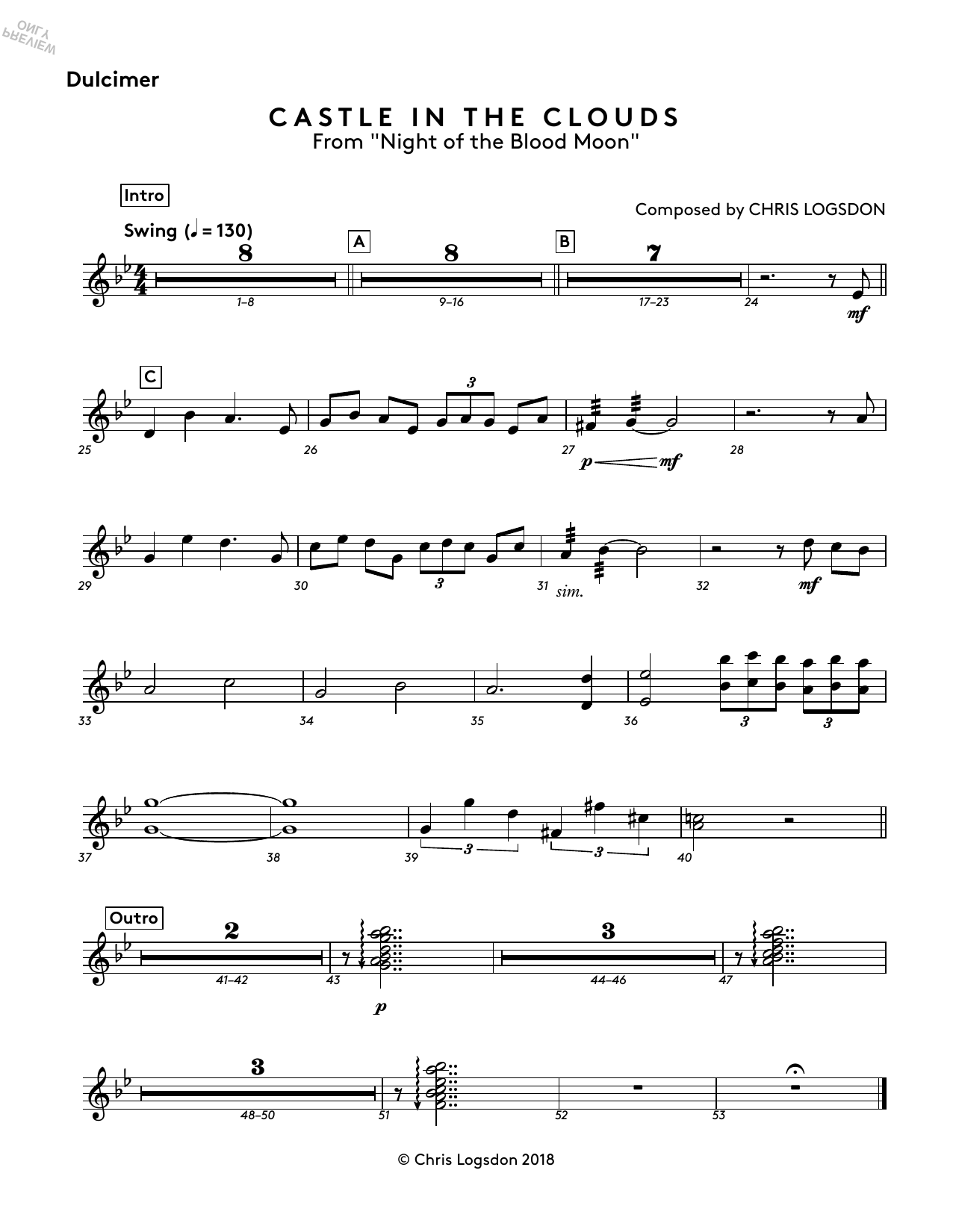 Chris Logsdon Castle In The Clouds (from Night of the Blood Moon) - Dulcimer Sheet Music Notes & Chords for Performance Ensemble - Download or Print PDF