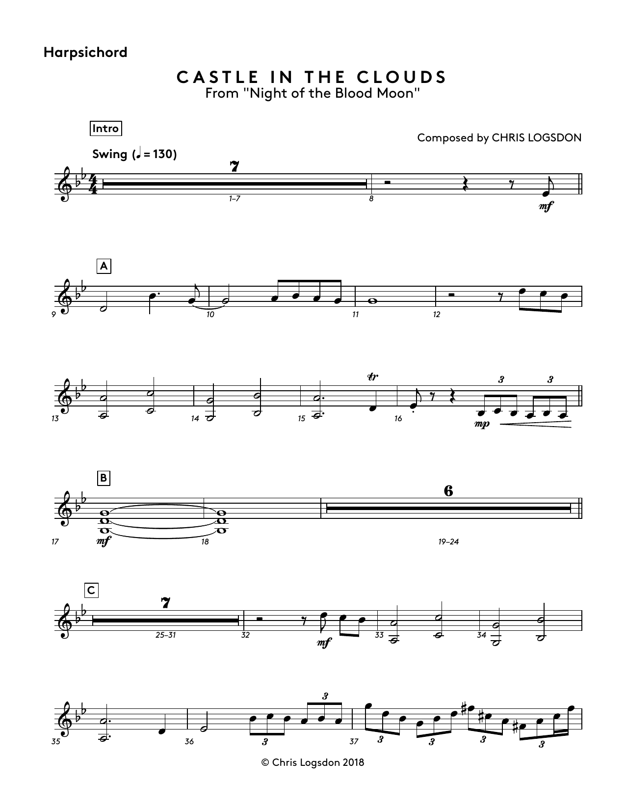Chris Logsdon Castle In The Clouds (from Night of the Blood Moon) - Harpsichord Sheet Music Notes & Chords for Performance Ensemble - Download or Print PDF
