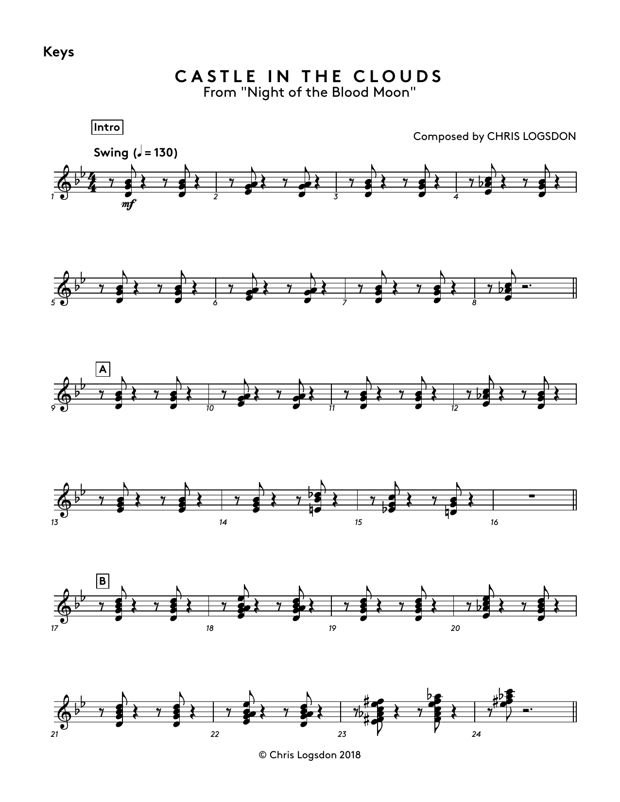Chris Logsdon Castle In The Clouds (from Night of the Blood Moon) - Keys Sheet Music Notes & Chords for Performance Ensemble - Download or Print PDF