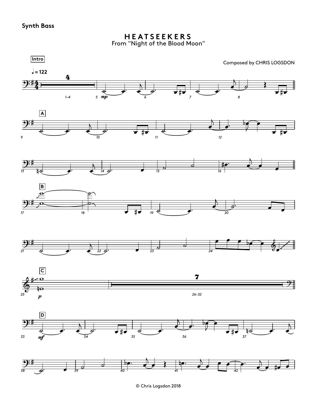 Chris Logsdon Heatseekers (from Night of the Blood Moon) - Synth. Bass Sheet Music Notes & Chords for Performance Ensemble - Download or Print PDF