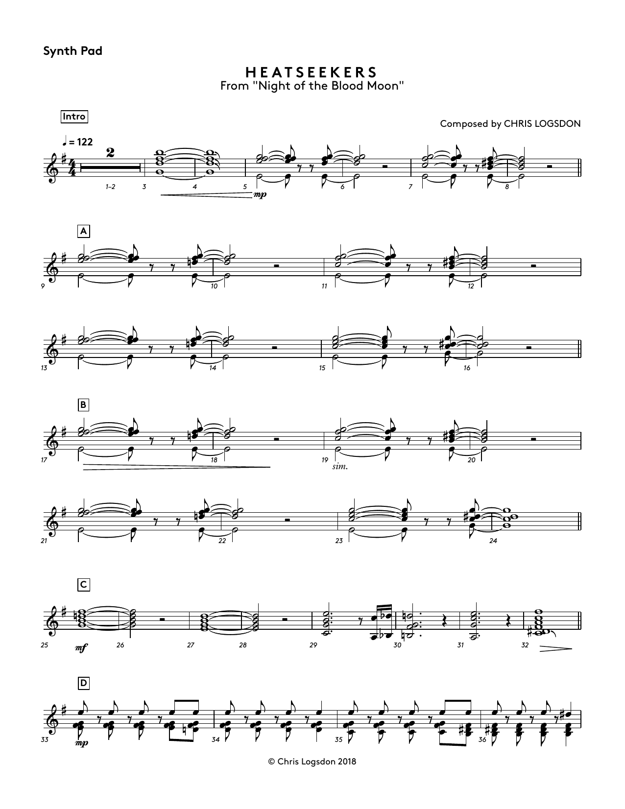 Chris Logsdon Heatseekers (from Night of the Blood Moon) - Synth Pad Sheet Music Notes & Chords for Performance Ensemble - Download or Print PDF