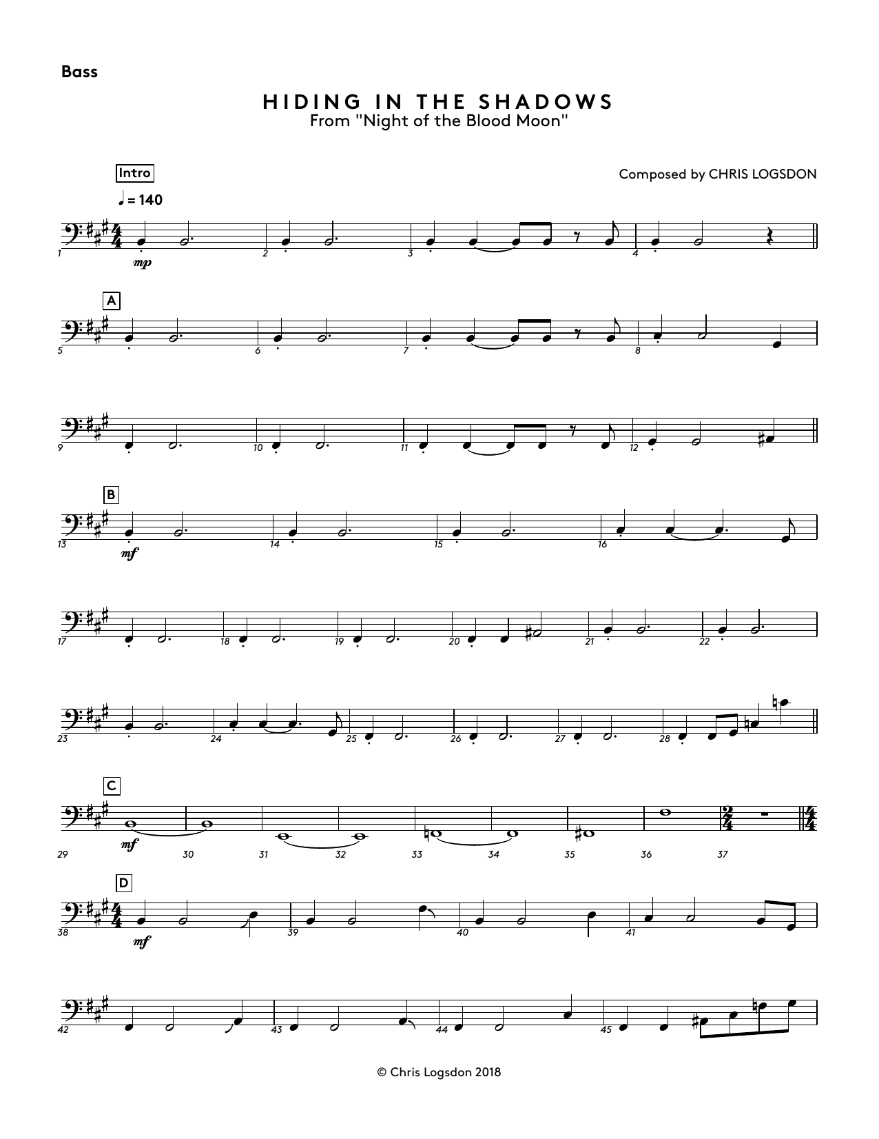 Chris Logsdon Hiding In The Shadows (from Night of the Blood Moon) - Bass Sheet Music Notes & Chords for Performance Ensemble - Download or Print PDF