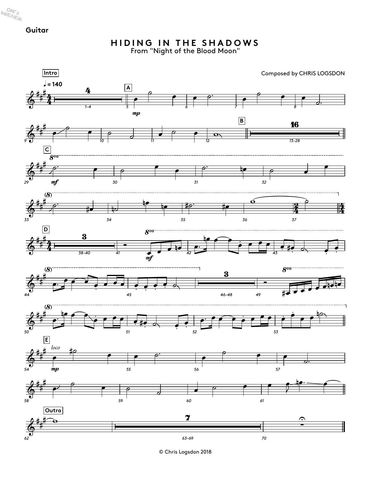 Chris Logsdon Hiding In The Shadows (from Night of the Blood Moon) - Guitar Sheet Music Notes & Chords for Performance Ensemble - Download or Print PDF