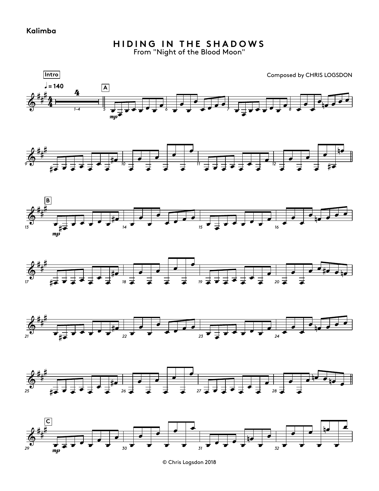 Chris Logsdon Hiding In The Shadows (from Night of the Blood Moon) - Kalimba Sheet Music Notes & Chords for Performance Ensemble - Download or Print PDF