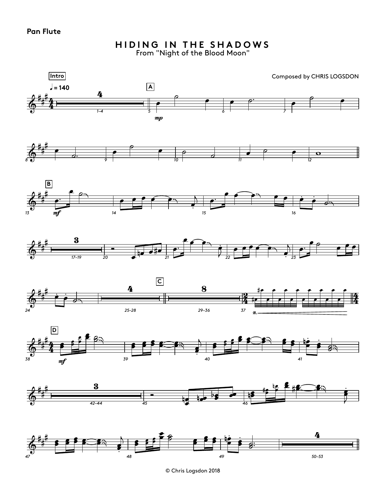 Chris Logsdon Hiding In The Shadows (from Night of the Blood Moon) - Pan Flute Sheet Music Notes & Chords for Performance Ensemble - Download or Print PDF