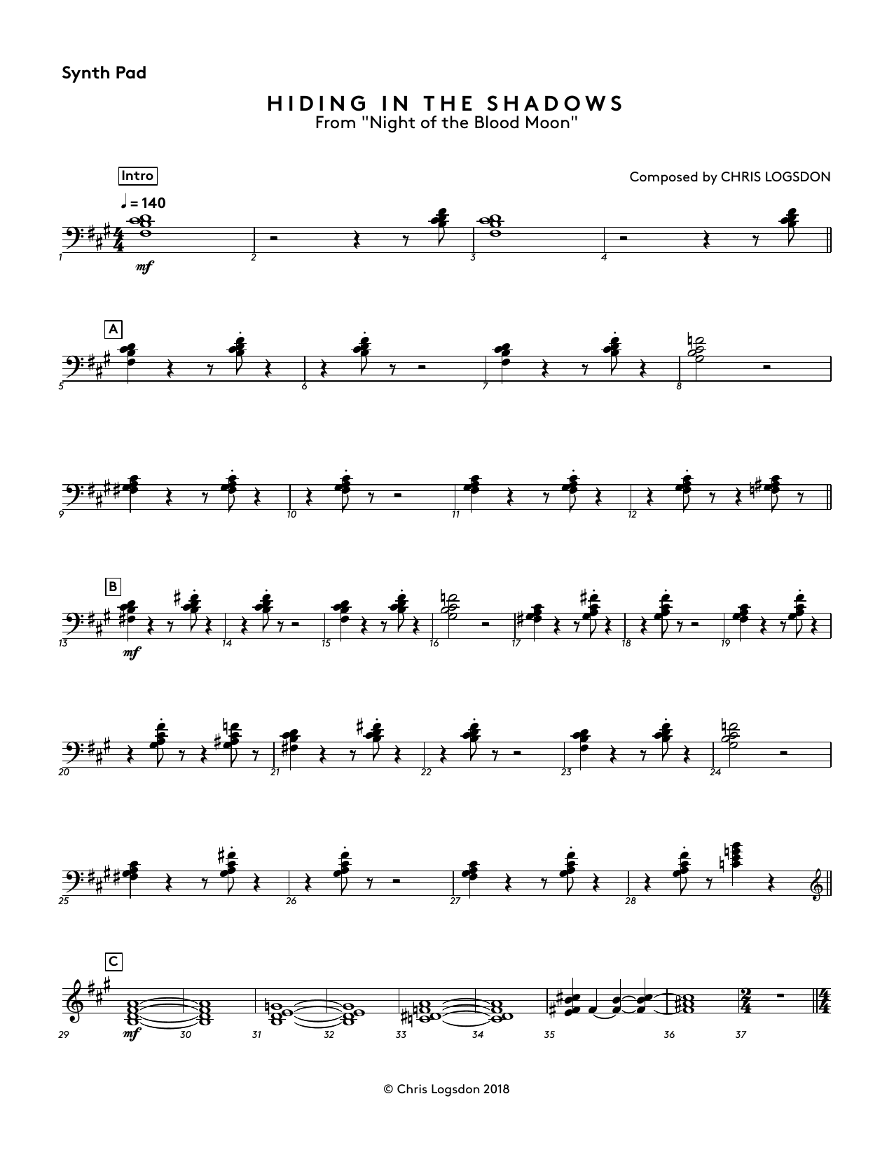 Chris Logsdon Hiding In The Shadows (from Night of the Blood Moon) - Synth Pad Sheet Music Notes & Chords for Performance Ensemble - Download or Print PDF