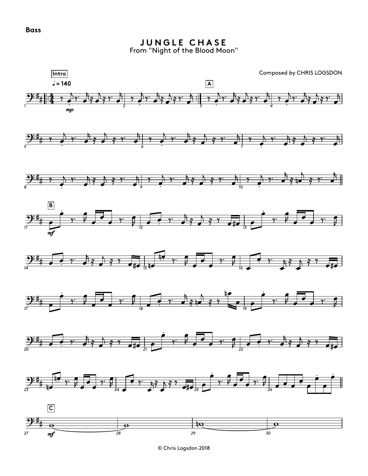 Chris Logsdon Jungle Chase (from Night of the Blood Moon) - Bass Sheet Music Notes & Chords for Performance Ensemble - Download or Print PDF