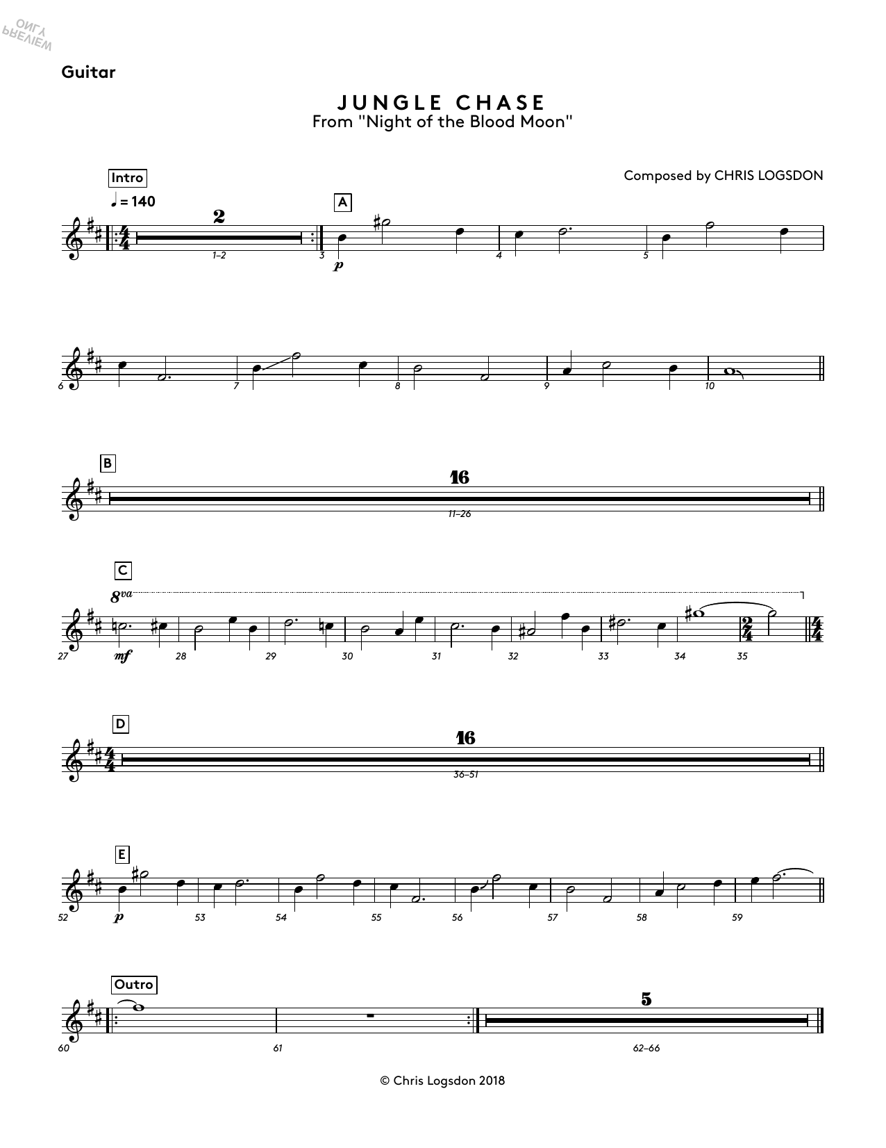 Chris Logsdon Jungle Chase (from Night of the Blood Moon) - Guitar Sheet Music Notes & Chords for Performance Ensemble - Download or Print PDF
