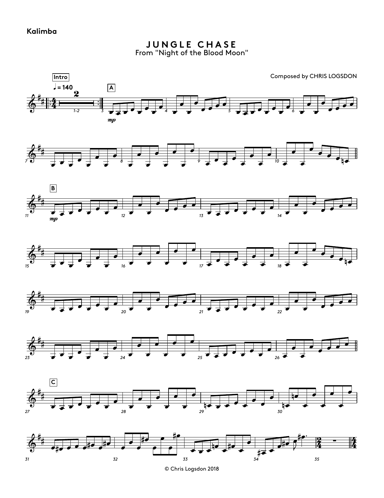 Chris Logsdon Jungle Chase (from Night of the Blood Moon) - Kalimba Sheet Music Notes & Chords for Performance Ensemble - Download or Print PDF