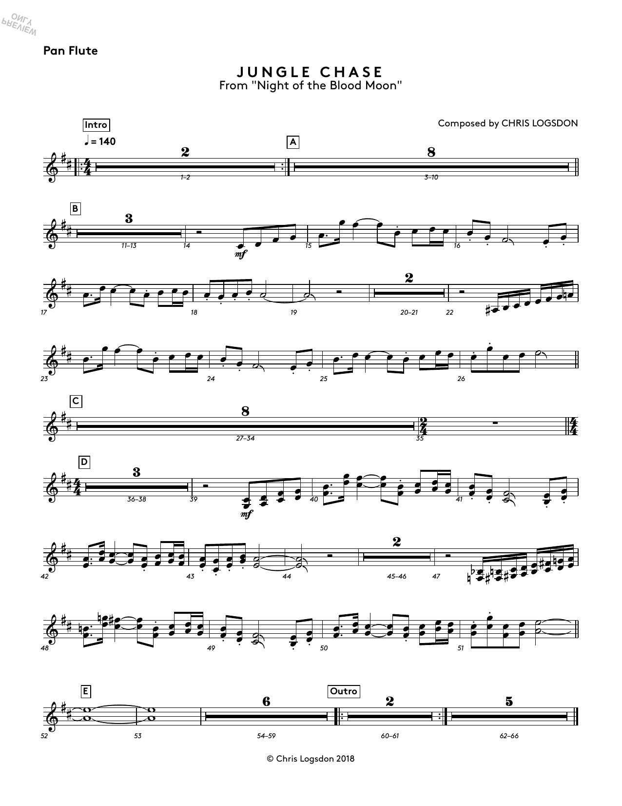 Chris Logsdon Jungle Chase (from Night of the Blood Moon) - Pan Flute Sheet Music Notes & Chords for Performance Ensemble - Download or Print PDF