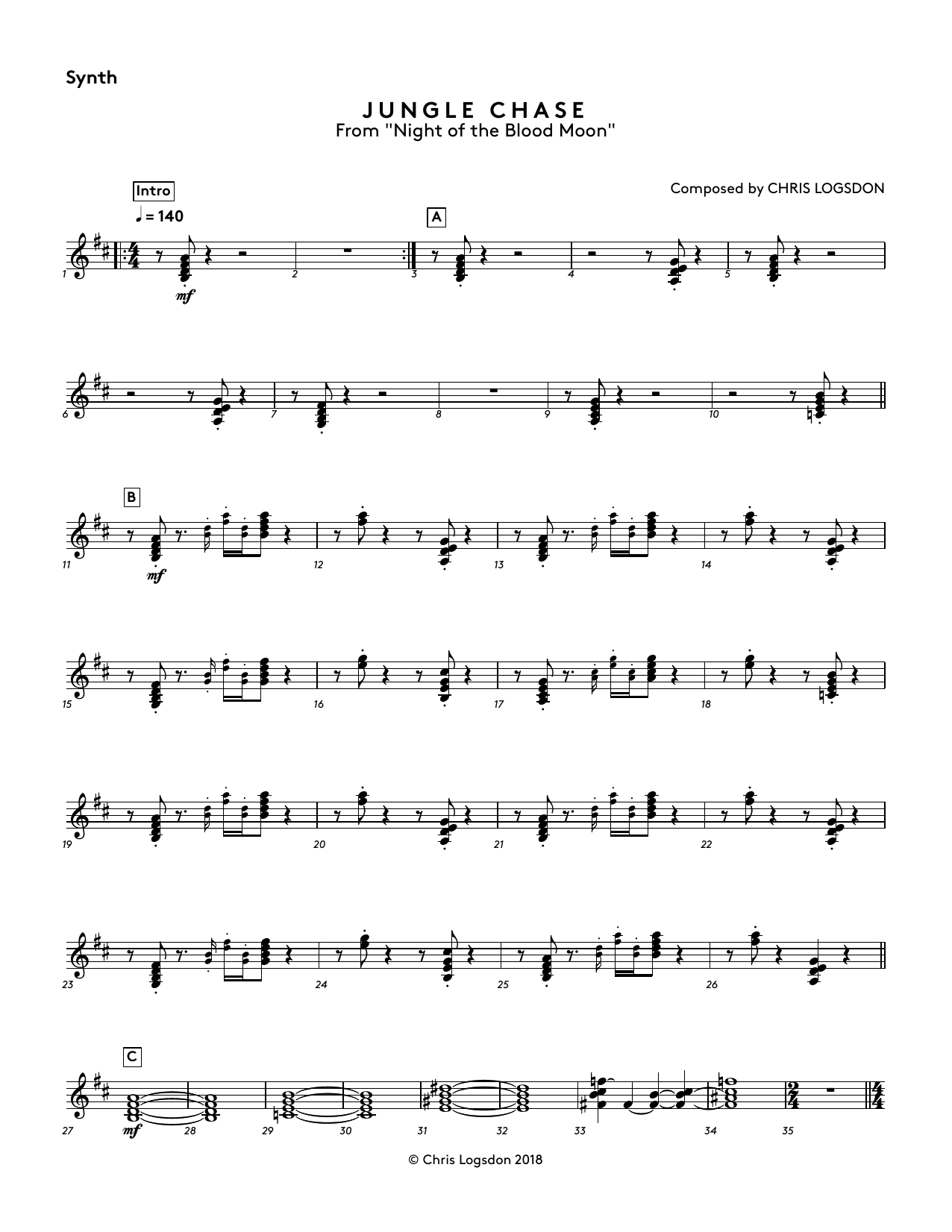 Chris Logsdon Jungle Chase (from Night of the Blood Moon) - Synthesizer Sheet Music Notes & Chords for Performance Ensemble - Download or Print PDF