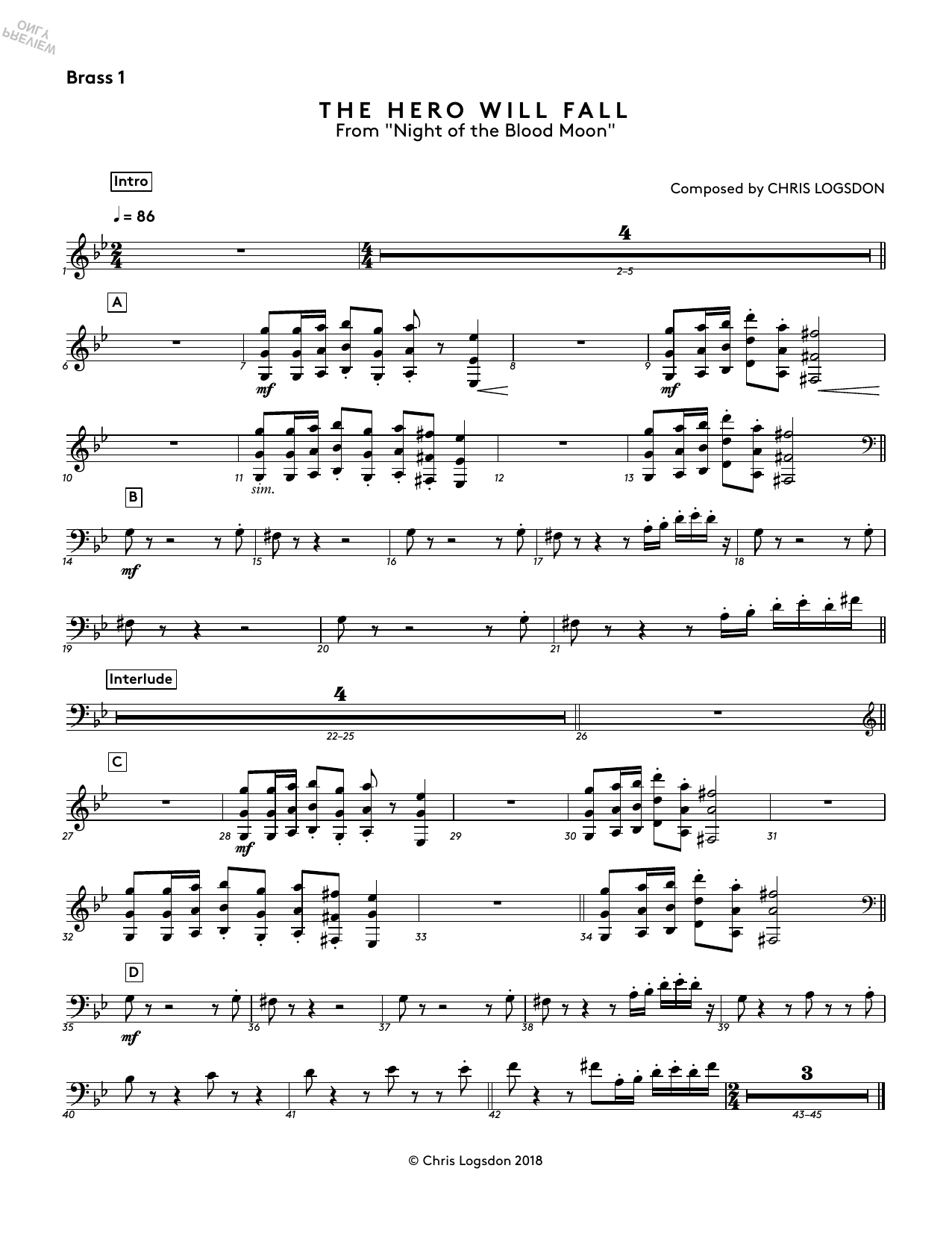 Chris Logsdon The Hero Will Fall (from Night of the Blood Moon) - Brass 1 Sheet Music Notes & Chords for Performance Ensemble - Download or Print PDF