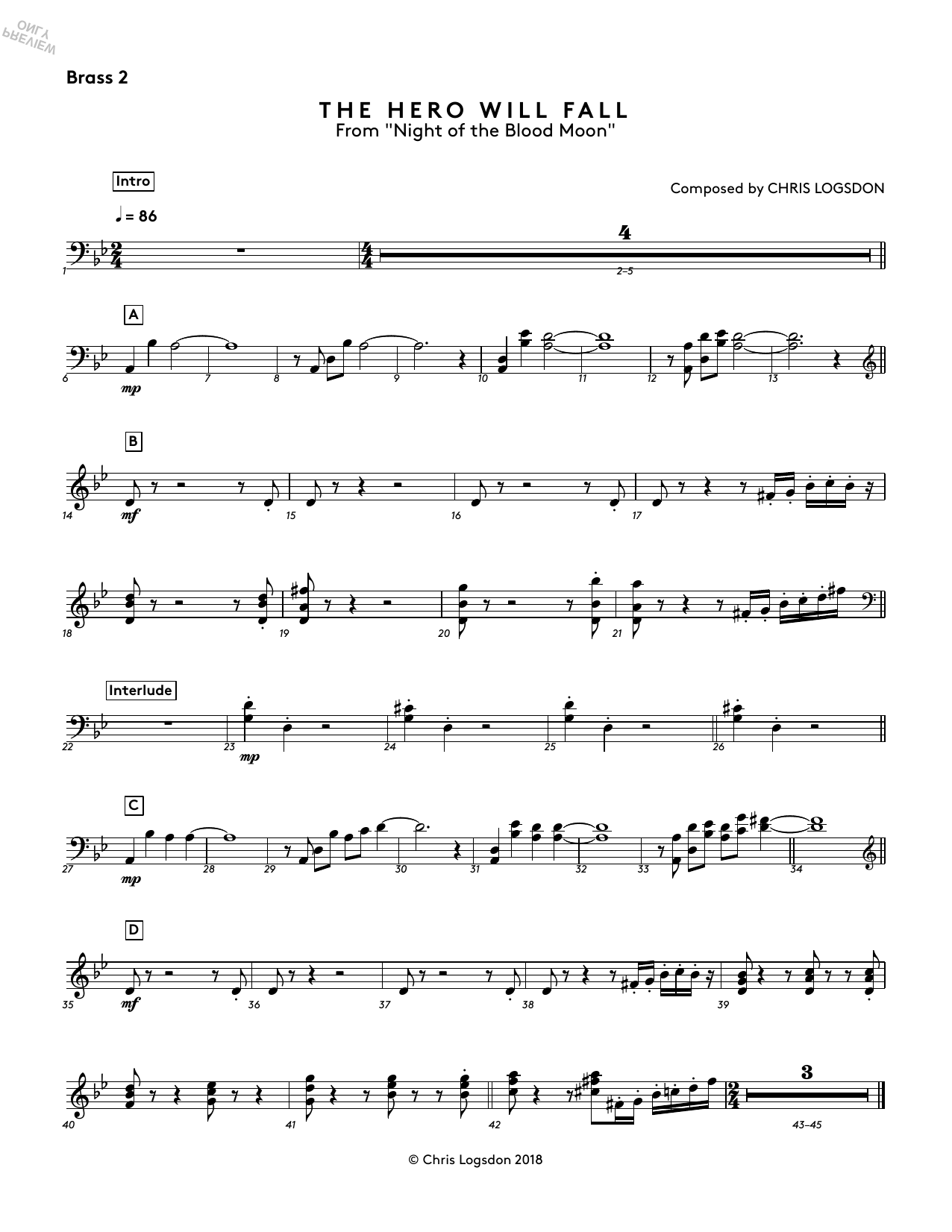 Chris Logsdon The Hero Will Fall (from Night of the Blood Moon) - Brass 2 Sheet Music Notes & Chords for Performance Ensemble - Download or Print PDF