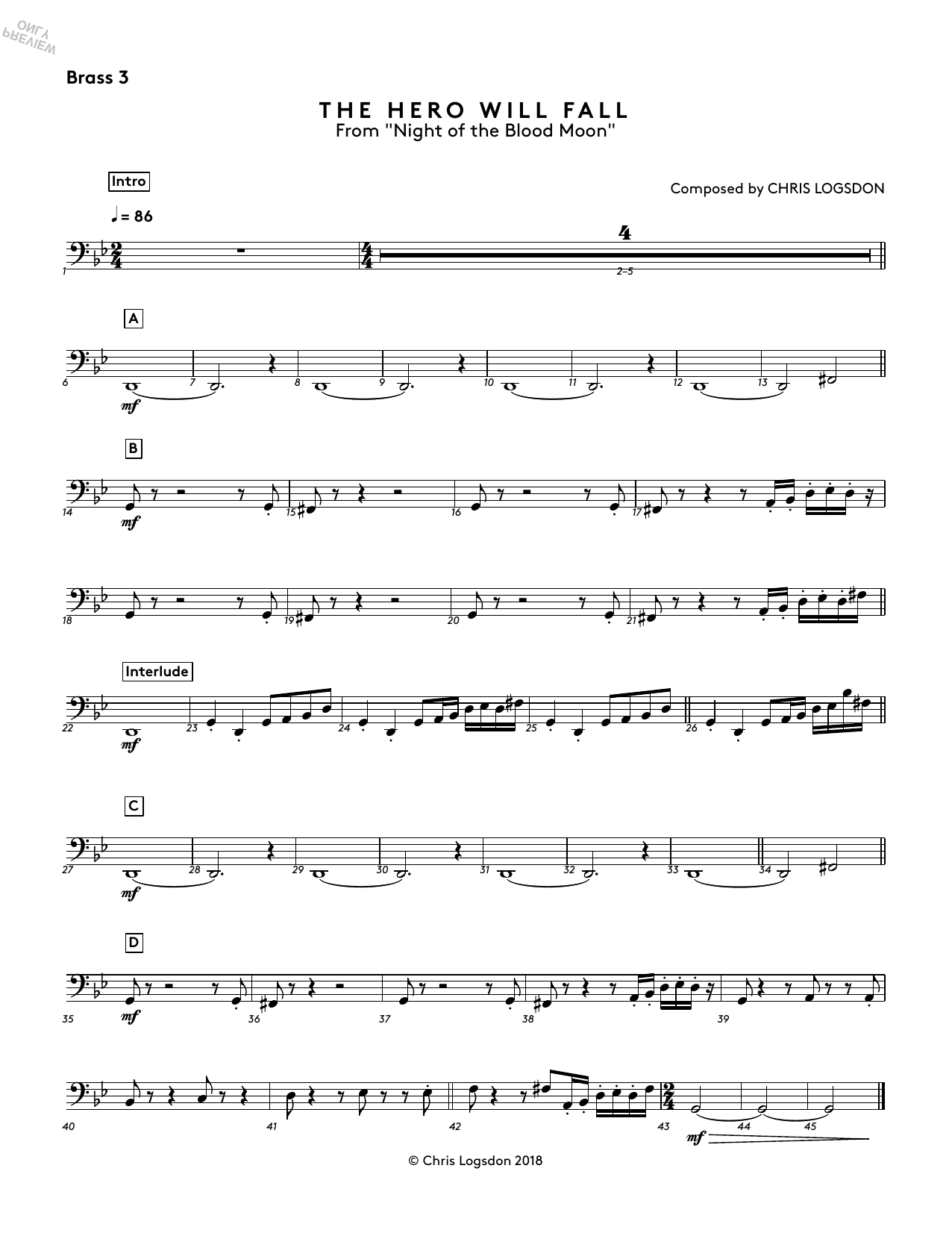 Chris Logsdon The Hero Will Fall (from Night of the Blood Moon) - Brass 3 Sheet Music Notes & Chords for Performance Ensemble - Download or Print PDF