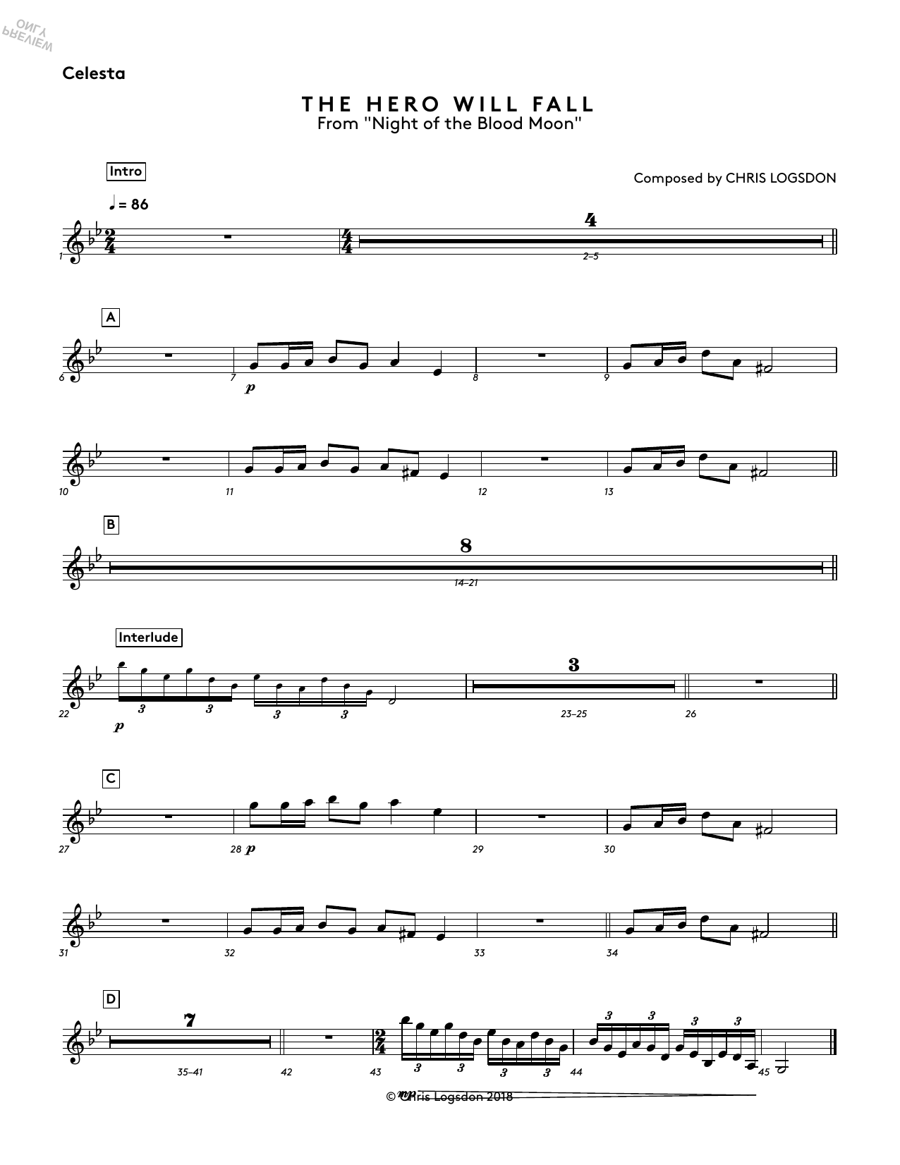 Chris Logsdon The Hero Will Fall (from Night of the Blood Moon) - Celesta Sheet Music Notes & Chords for Performance Ensemble - Download or Print PDF