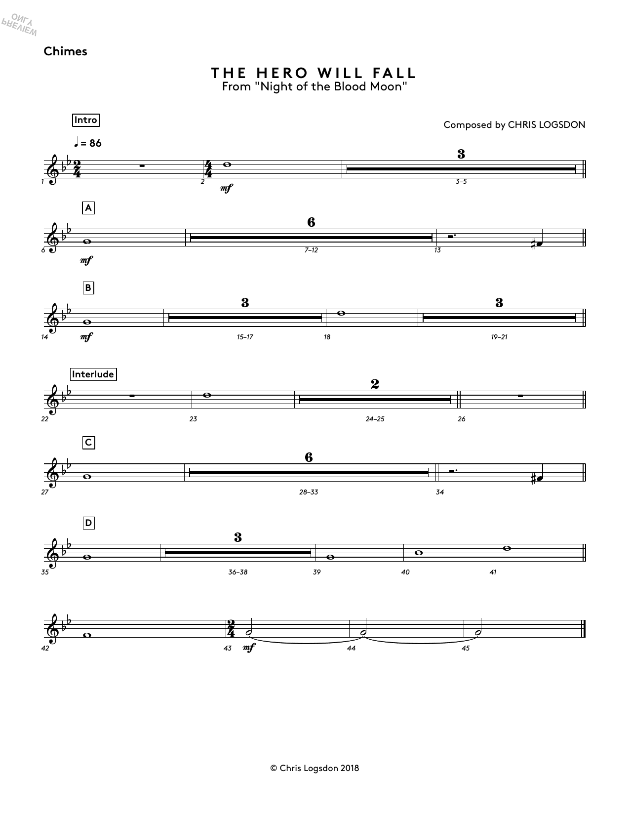 Chris Logsdon The Hero Will Fall (from Night of the Blood Moon) - Chimes Sheet Music Notes & Chords for Performance Ensemble - Download or Print PDF