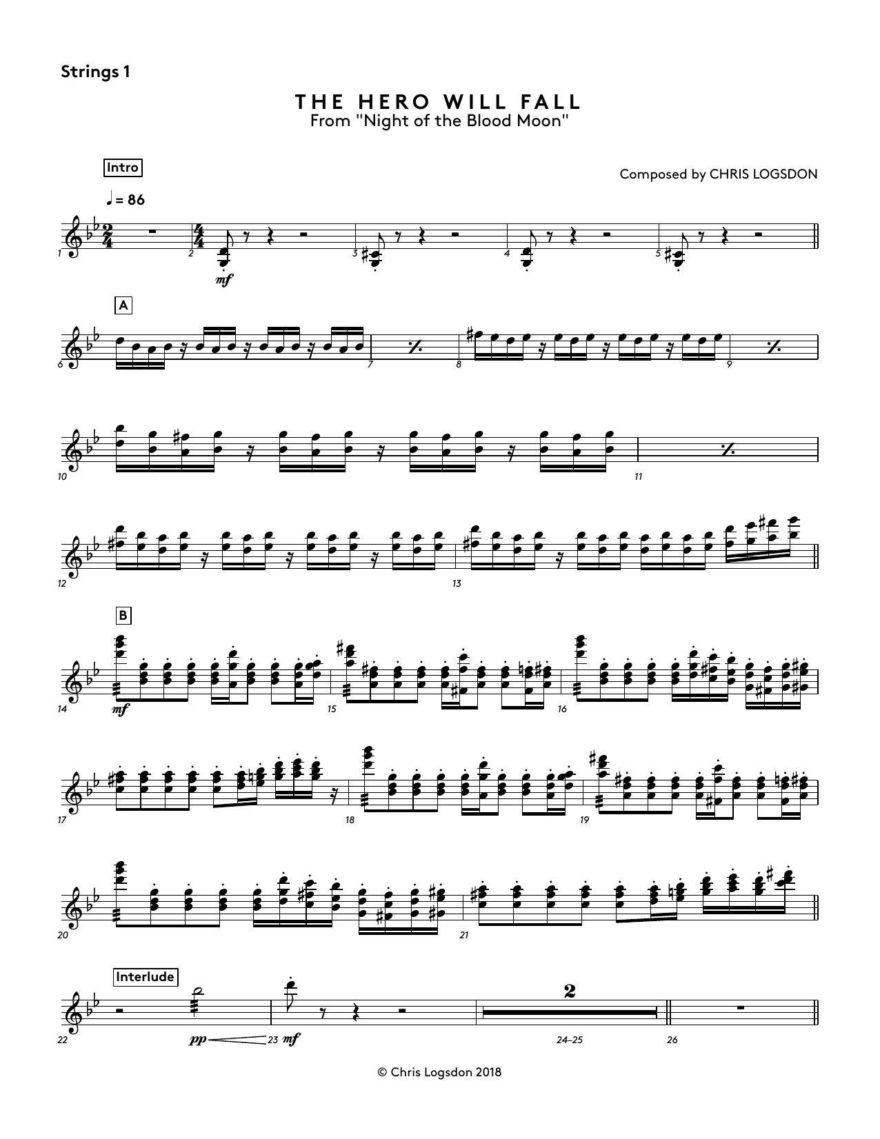 Chris Logsdon The Hero Will Fall (from Night of the Blood Moon) - Strings 1 Sheet Music Notes & Chords for Performance Ensemble - Download or Print PDF