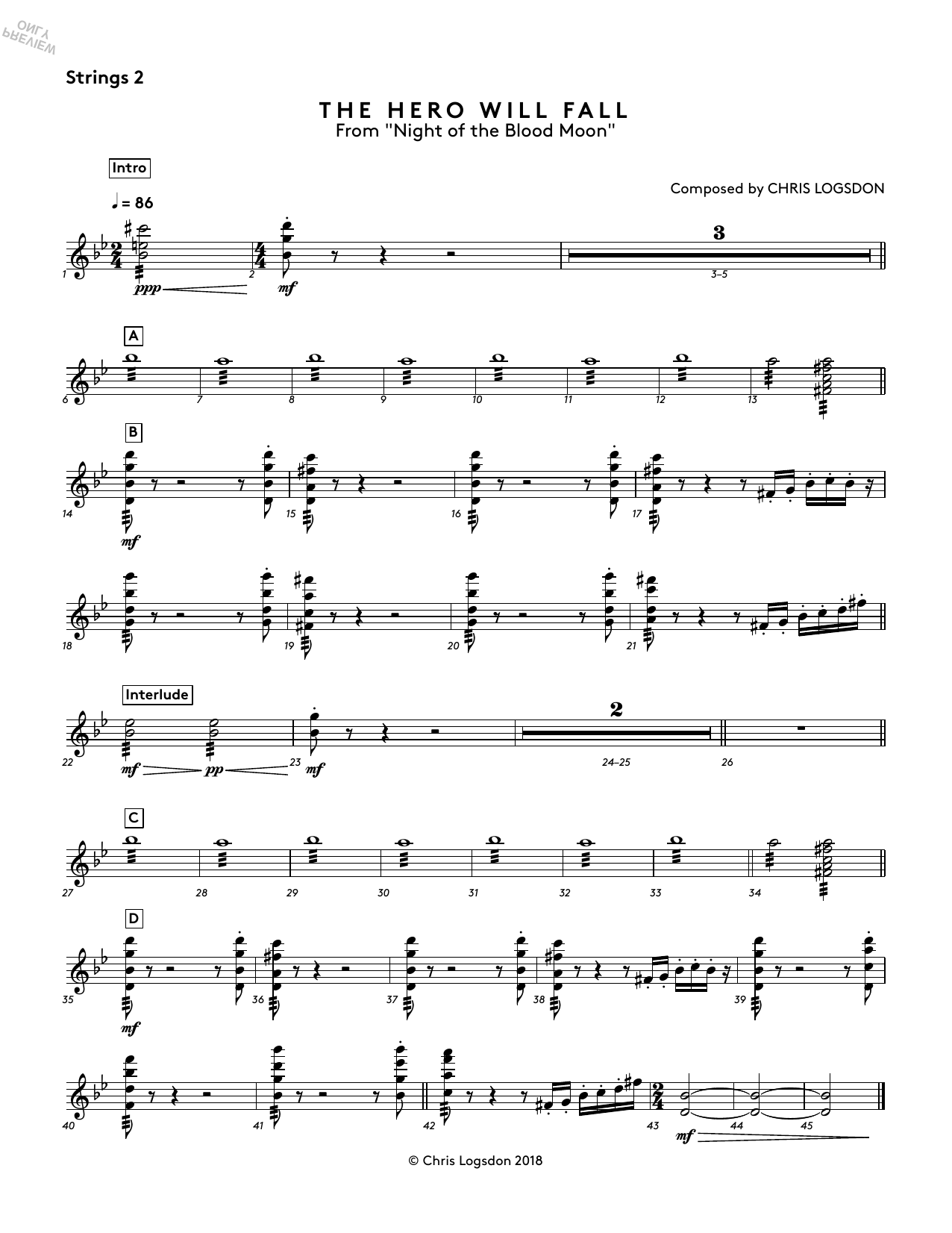 Chris Logsdon The Hero Will Fall (from Night of the Blood Moon) - Strings 2 Sheet Music Notes & Chords for Performance Ensemble - Download or Print PDF