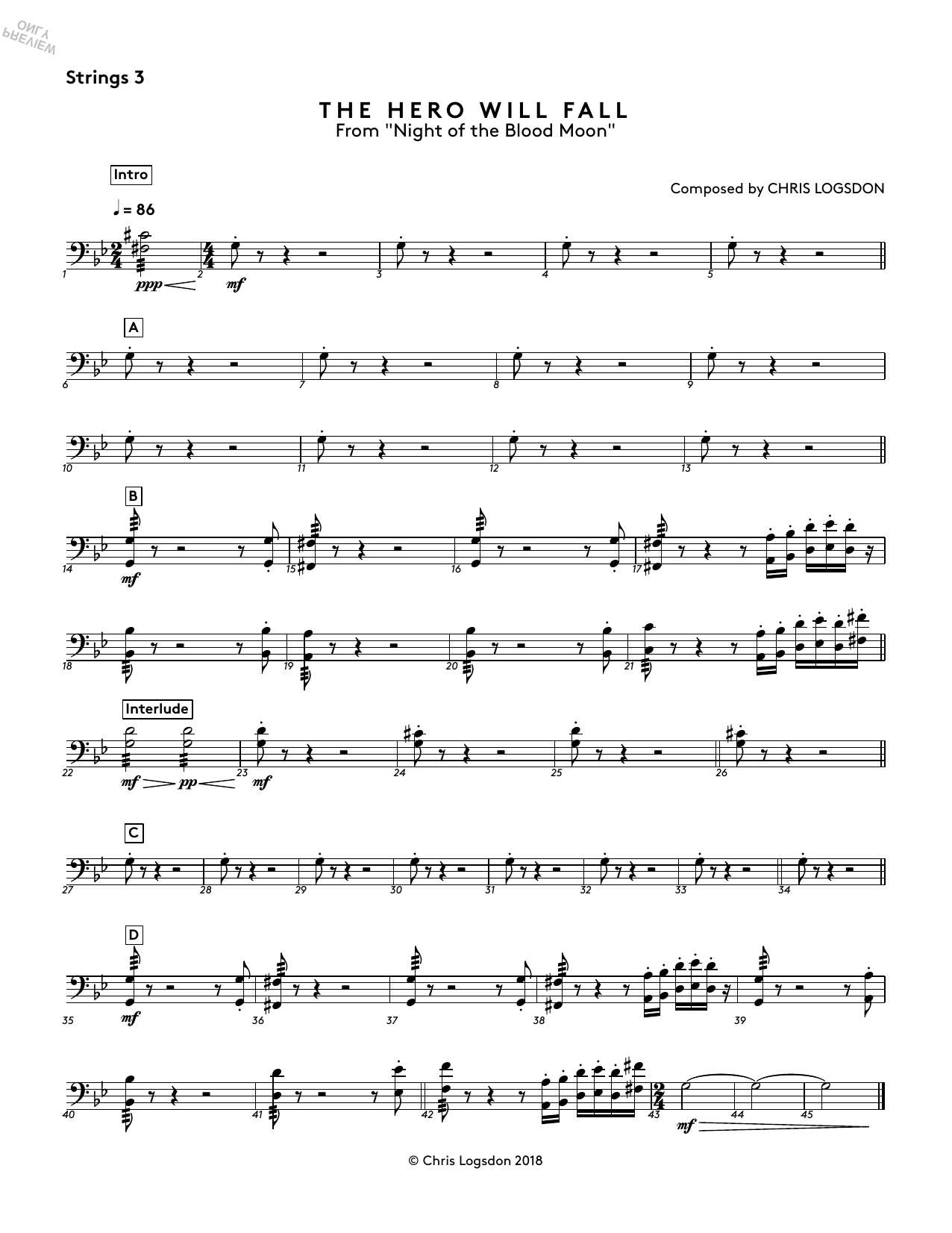 Chris Logsdon The Hero Will Fall (from Night of the Blood Moon) - Strings 3 Sheet Music Notes & Chords for Performance Ensemble - Download or Print PDF