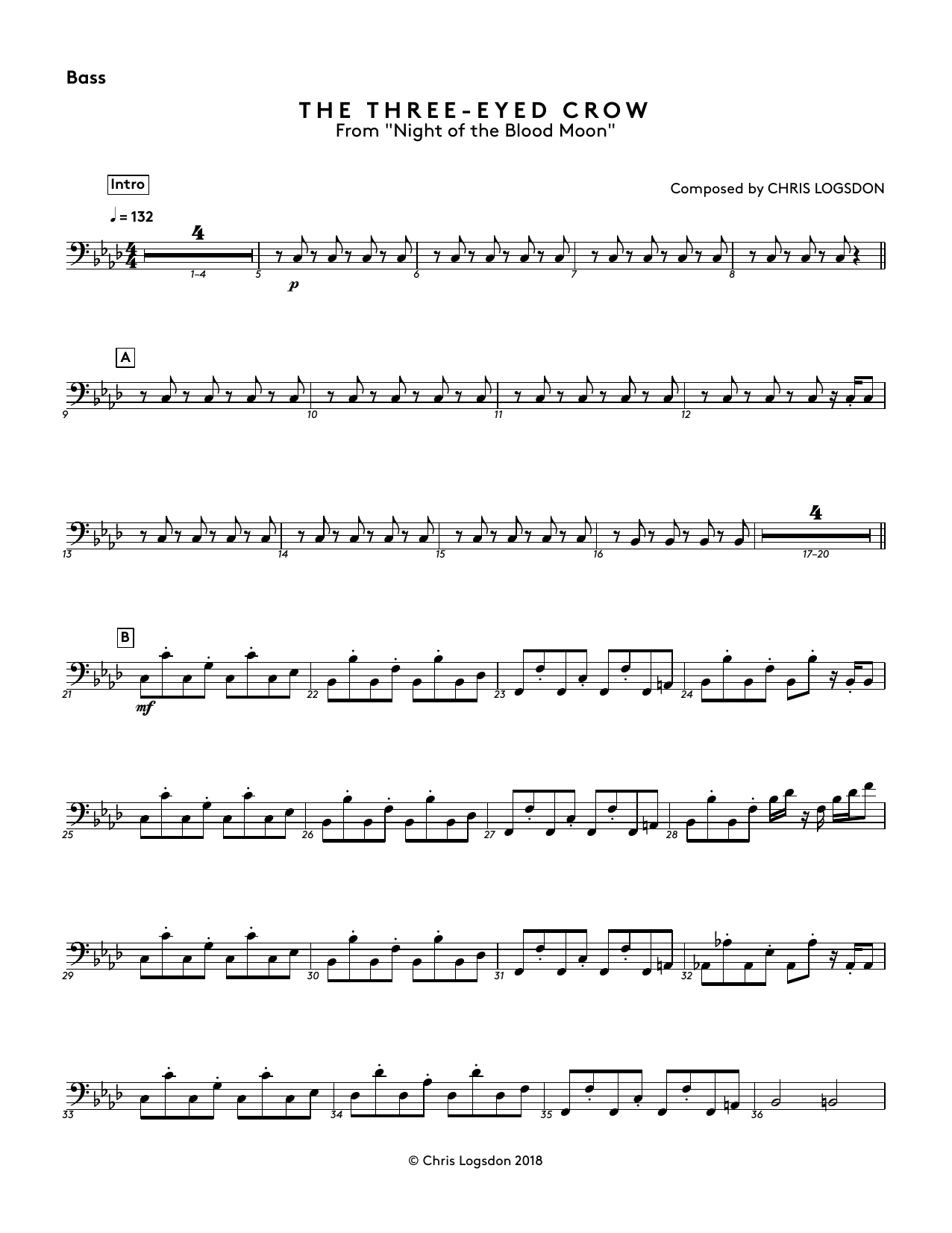 Chris Logsdon The Three-Eyed Crow (from Night of the Blood Moon) - Bass Sheet Music Notes & Chords for Performance Ensemble - Download or Print PDF