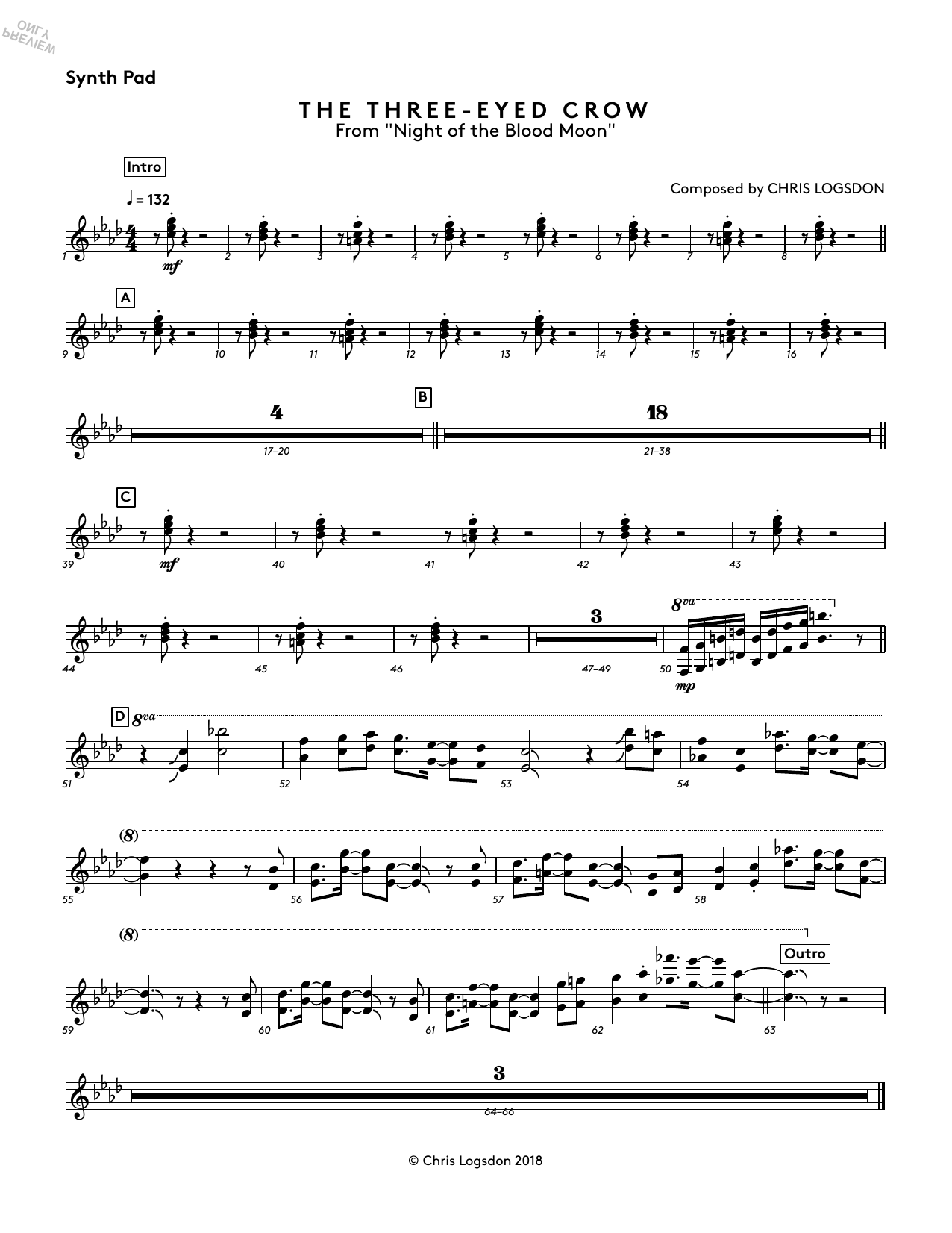 Chris Logsdon The Three-Eyed Crow (from Night of the Blood Moon) - Synth Pad Sheet Music Notes & Chords for Performance Ensemble - Download or Print PDF