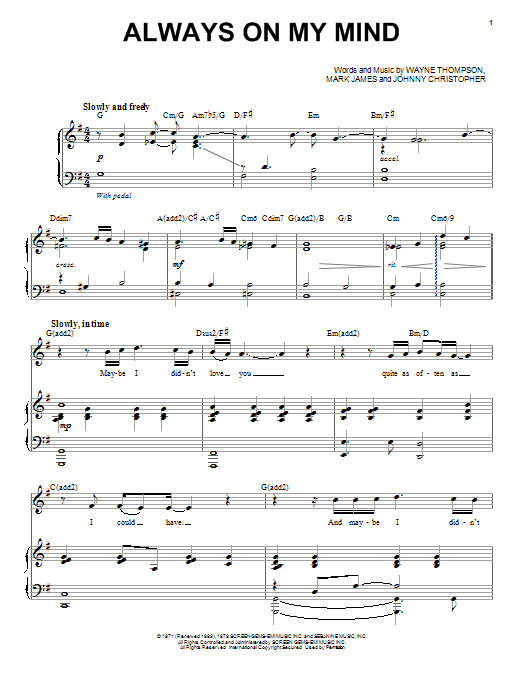 Chris Mann Always On My Mind Sheet Music Notes & Chords for Piano & Vocal - Download or Print PDF