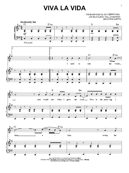 Chris Mann Viva La Vida Sheet Music Notes & Chords for Piano & Vocal - Download or Print PDF