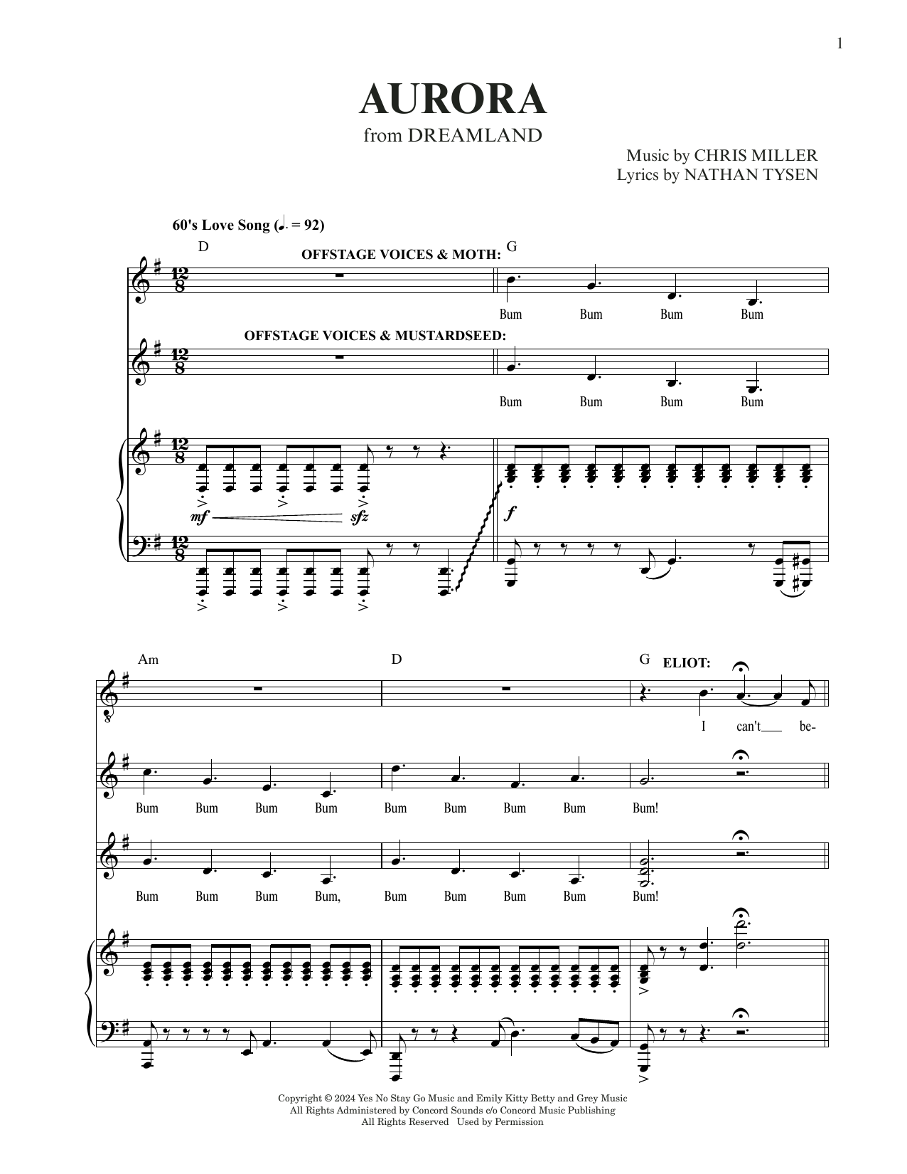 Chris Miller & Nathan Tysen Aurora (from Dreamland) Sheet Music Notes & Chords for Piano & Vocal - Download or Print PDF