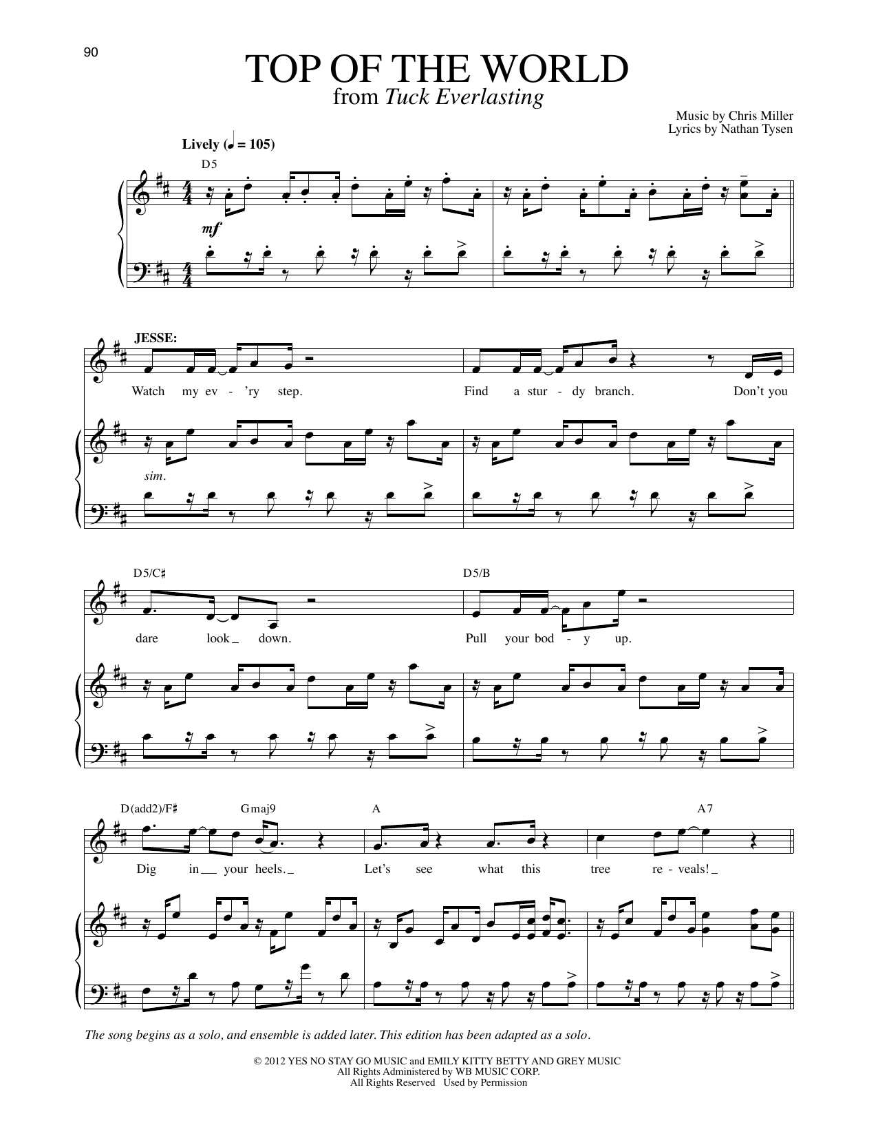 Chris Miller and Nathan Tysen Top Of The World (Solo Version) (from Tuck Everlasting) Sheet Music Notes & Chords for Piano & Vocal - Download or Print PDF
