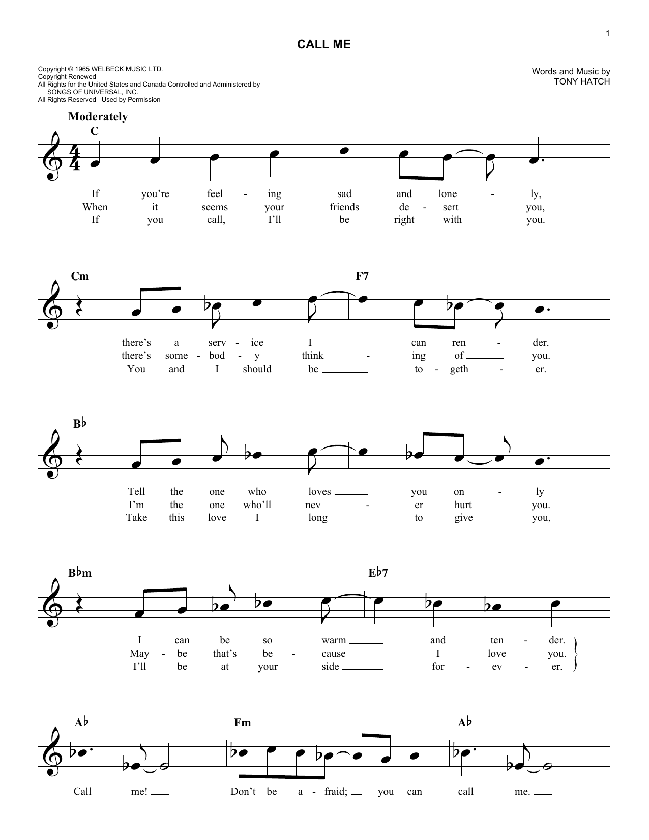 California Chris Montez Call Me Sheet Music Notes & Chords for Melody Line, Lyrics & Chords - Download or Print PDF