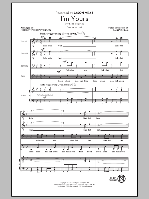 Jason Mraz I'm Yours (arr. Chris Peterson) Sheet Music Notes & Chords for TTBB - Download or Print PDF