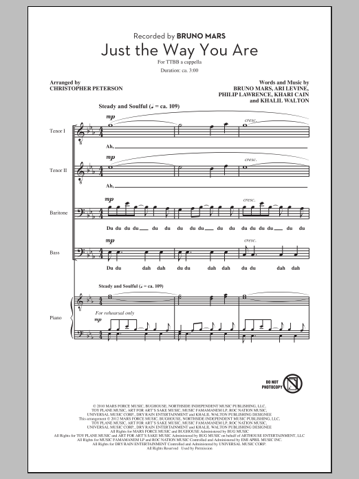 Bruno Mars Just The Way You Are (arr. Chris Peterson) Sheet Music Notes & Chords for TTBB - Download or Print PDF