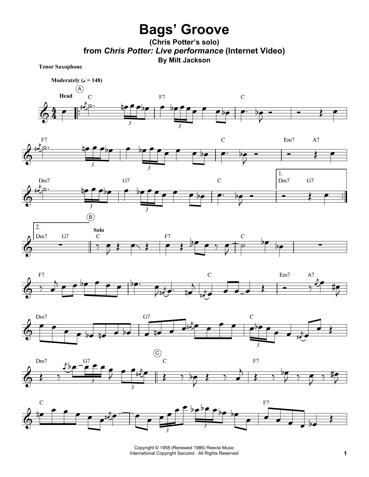 Chris Potter Bags' Groove Sheet Music Notes & Chords for Tenor Sax Transcription - Download or Print PDF