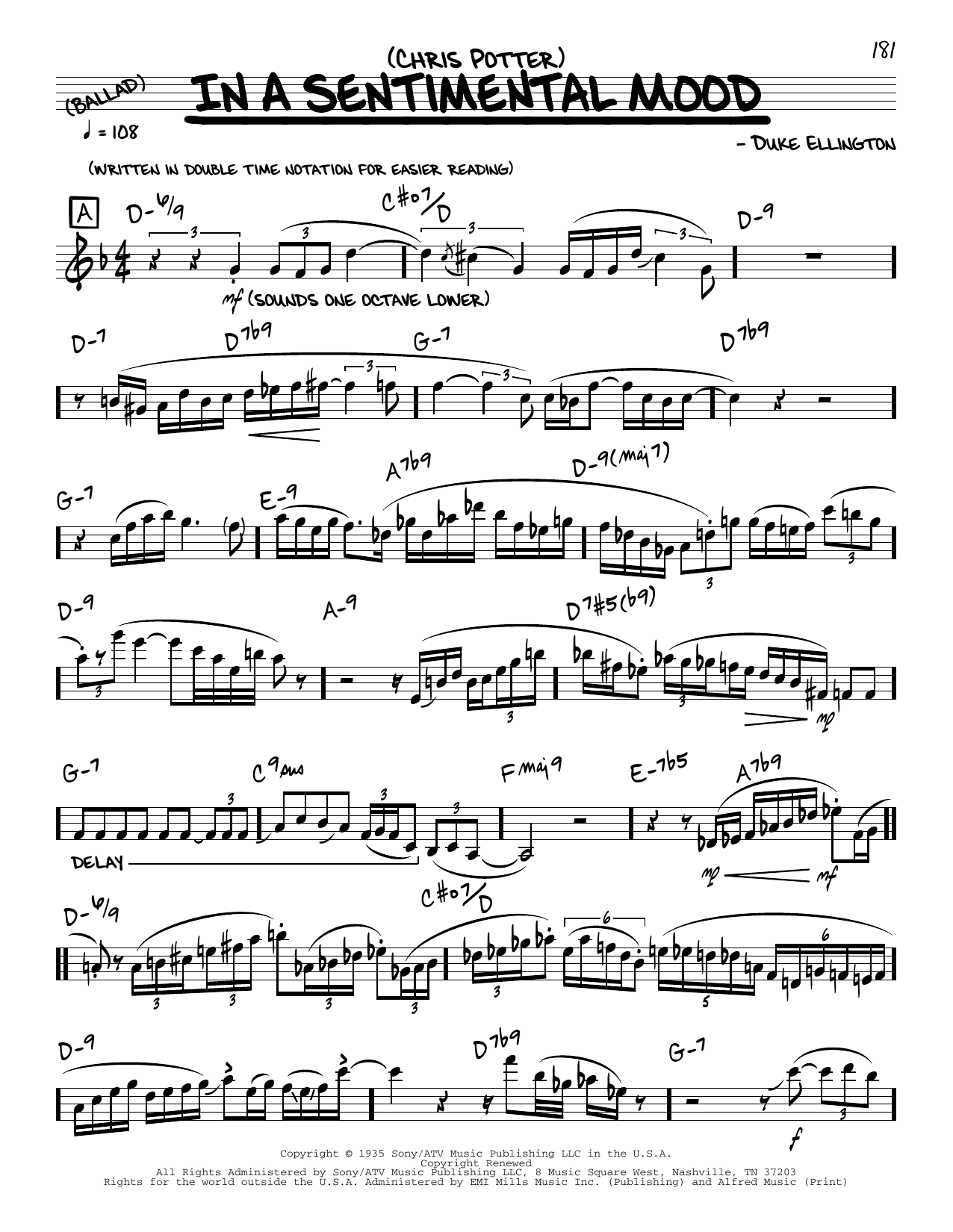Chris Potter In A Sentimental Mood (solo only) Sheet Music Notes & Chords for Real Book – Melody & Chords - Download or Print PDF