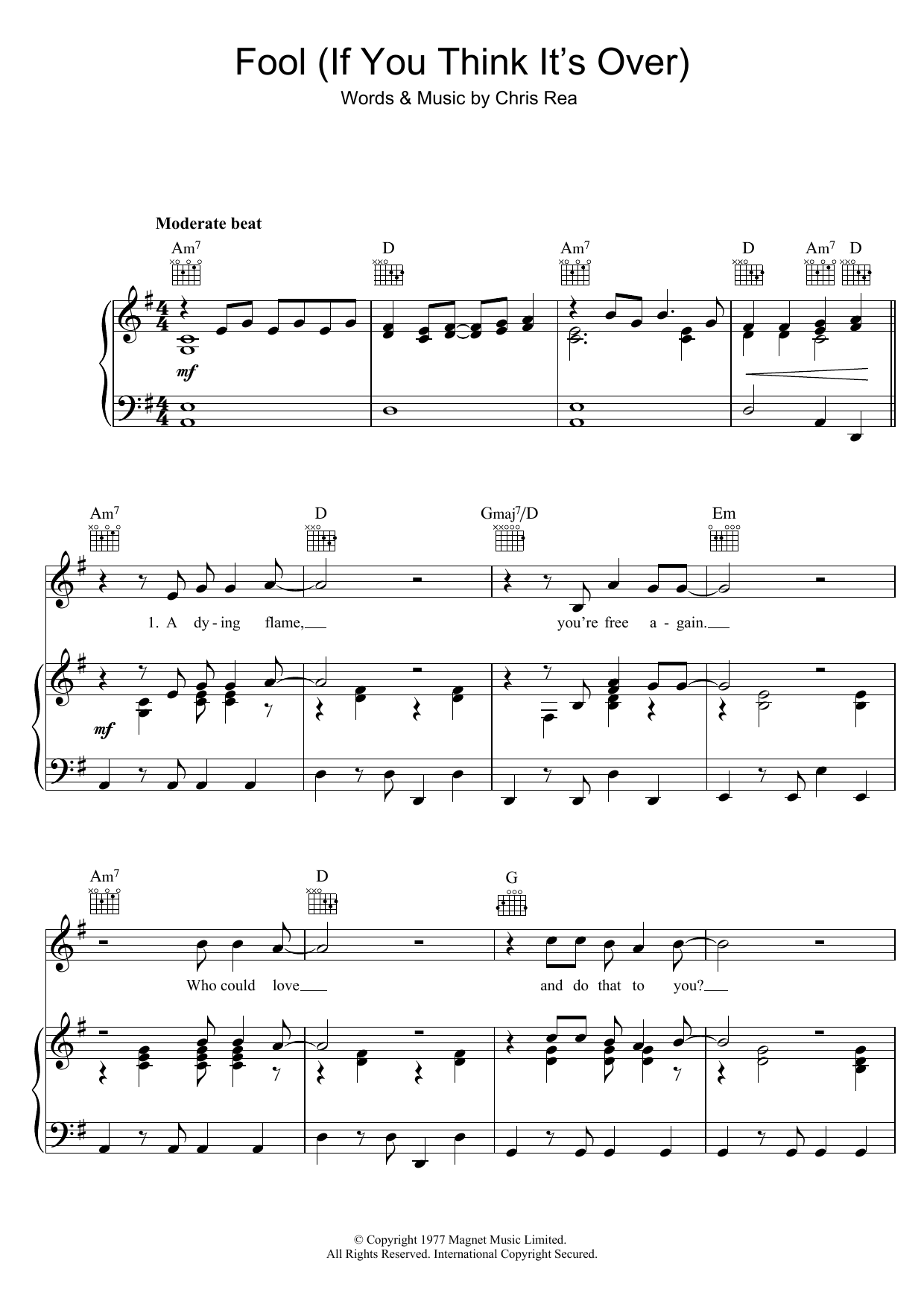 Chris Rea Fool (If You Think It's Over) Sheet Music Notes & Chords for Piano, Vocal & Guitar (Right-Hand Melody) - Download or Print PDF
