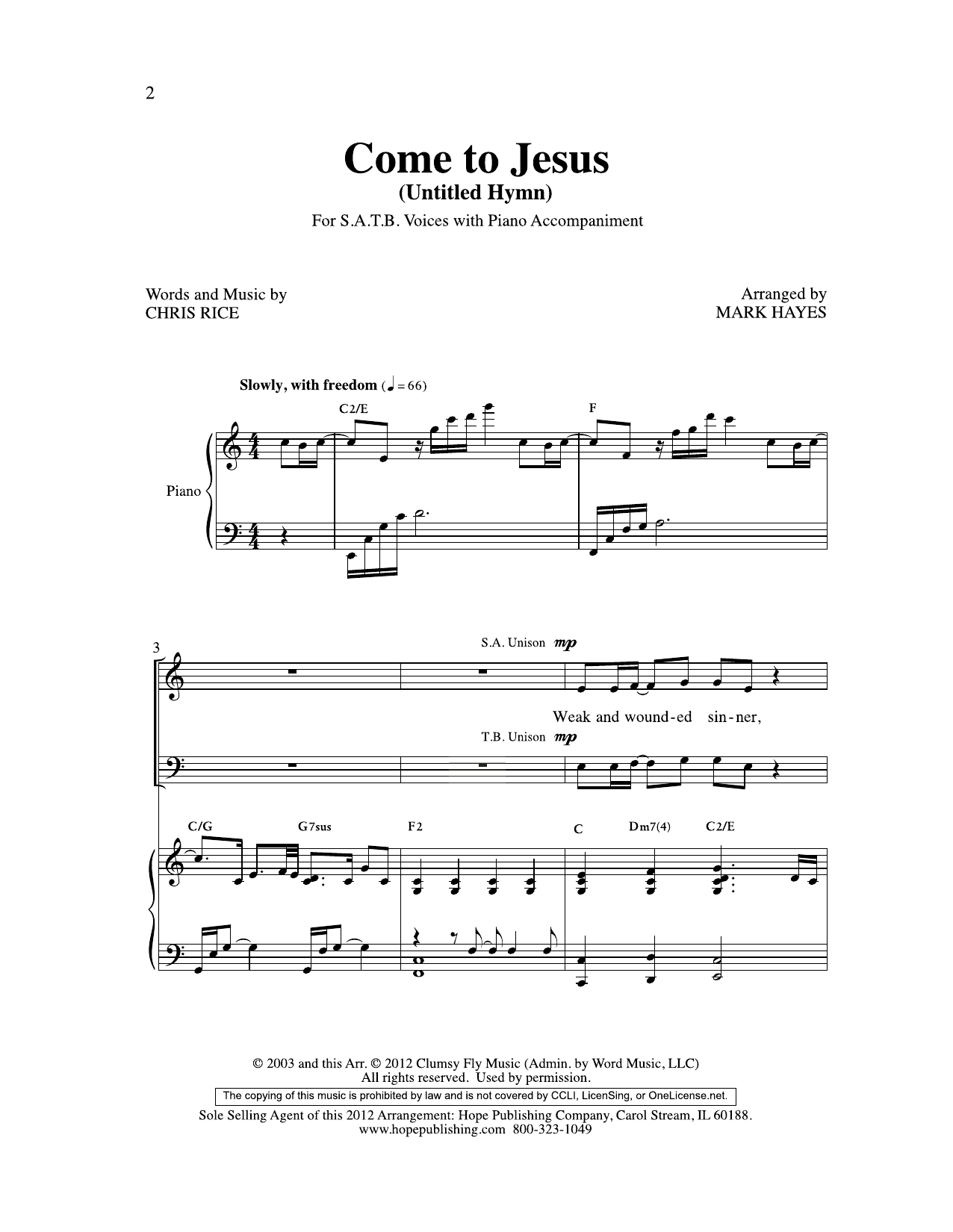 Chris Rice Come to Jesus (Untitled Hymn) (arr. Mark Hayes) Sheet Music Notes & Chords for Choir - Download or Print PDF