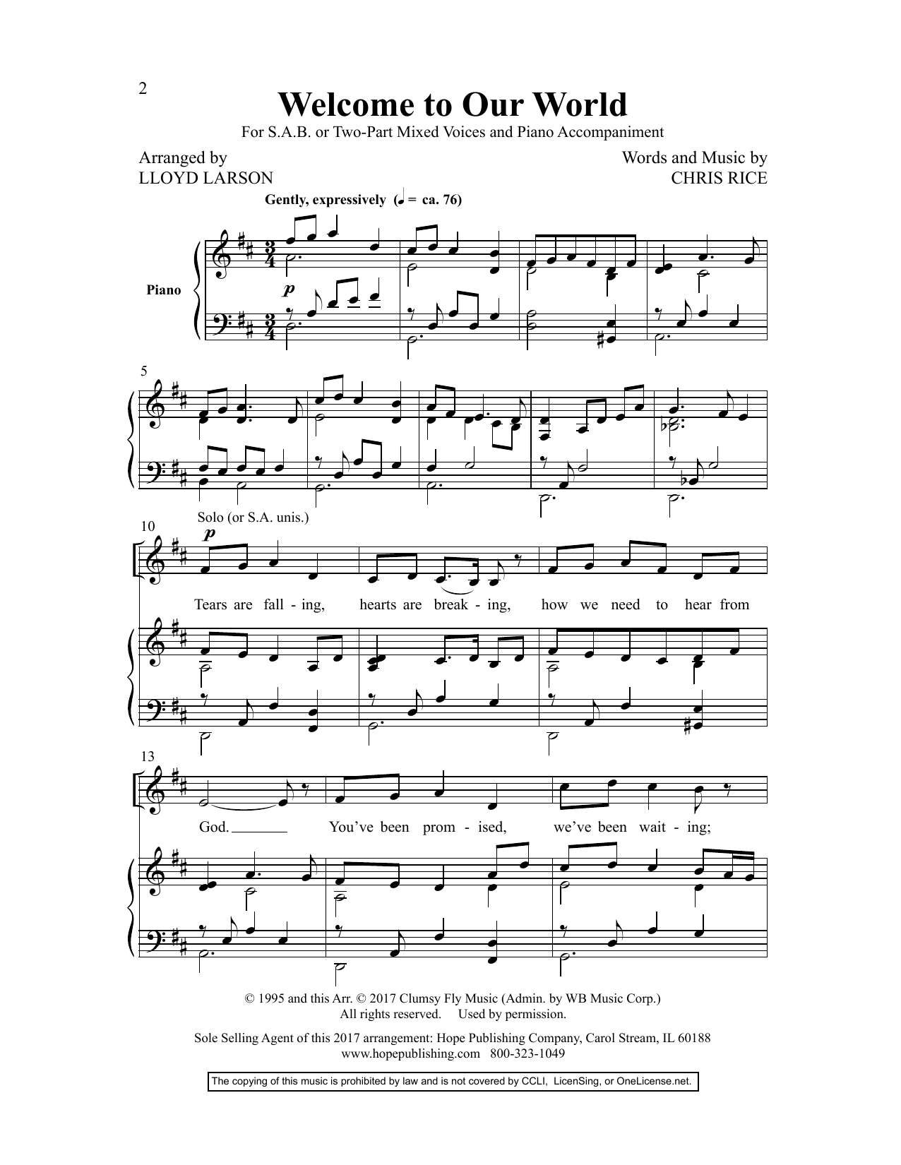 Chris Rice Welcome to Our World (arr. Lloyd Larson) Sheet Music Notes & Chords for SATB Choir - Download or Print PDF