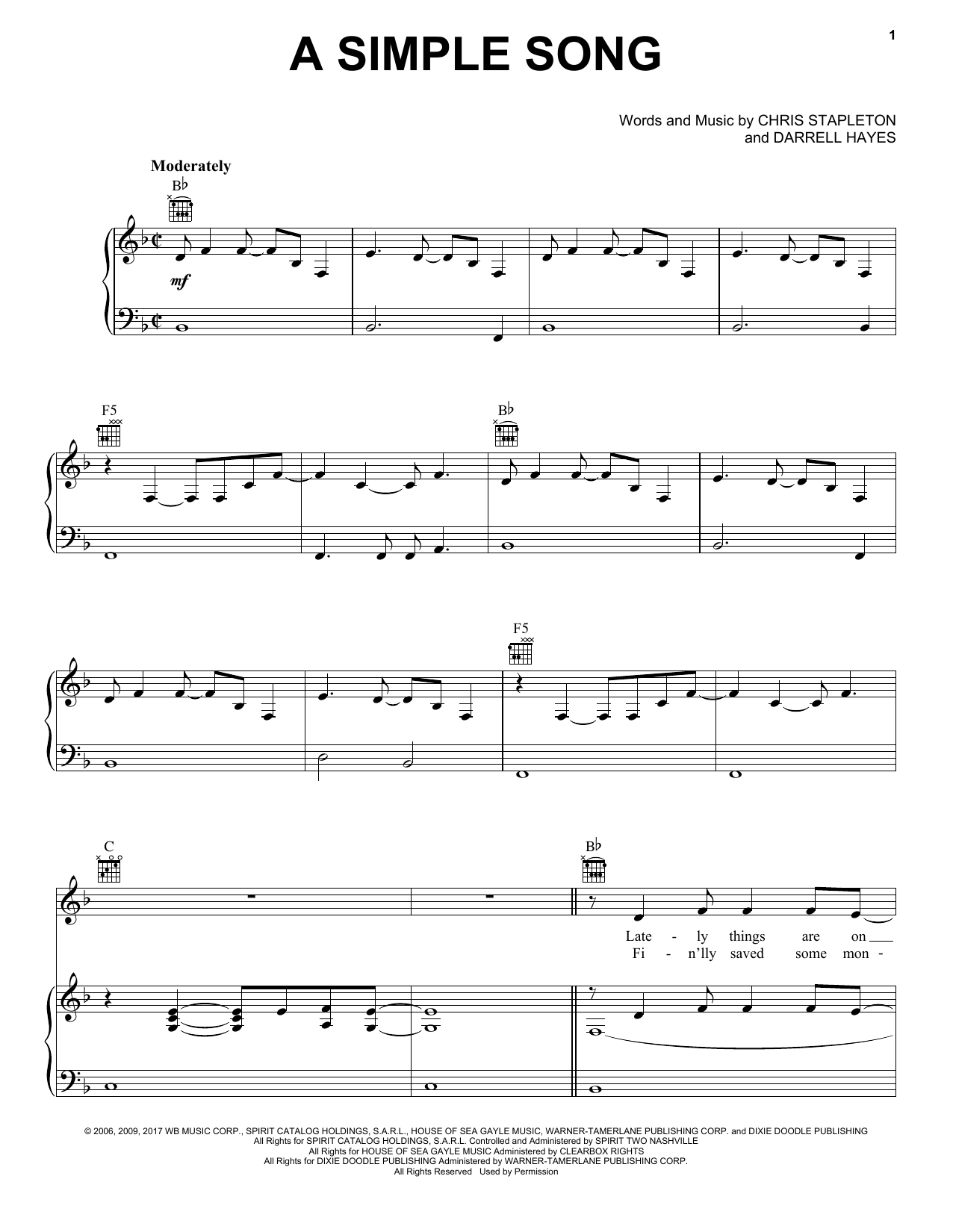 Chris Stapleton A Simple Song Sheet Music Notes & Chords for Piano, Vocal & Guitar (Right-Hand Melody) - Download or Print PDF