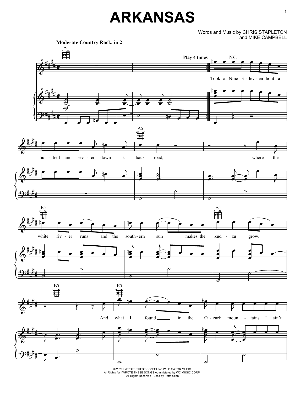 Chris Stapleton Arkansas Sheet Music Notes & Chords for Piano, Vocal & Guitar (Right-Hand Melody) - Download or Print PDF